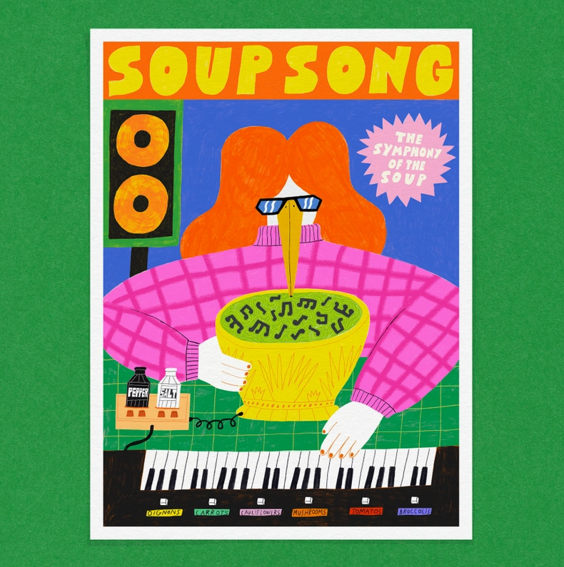 ILUSTRAÇÃO "SOUP SONG" DANS LES DENTS Cartaz ilustrado com pessoa a segurar tigela de sopa verde sobre teclado de piano com textos de ingredientes e títulos
