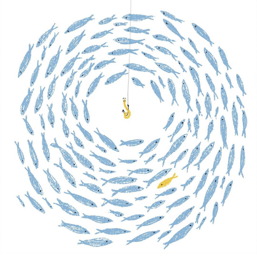 ILUSTRAÇÃO "HÁ MAIS MARÉS QUE MARINHEIROS - CARDUME" MARTA NUNES Desenho de cardume de peixes azuis em espiral com um peixe amarelo e um anzol dourado no centro