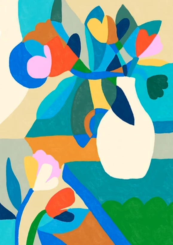 ILUSTRAÇÃO "BLOOMING" TERESA REGO Pintura abstrata de vaso branco com flores coloridas em tons vibrantes
