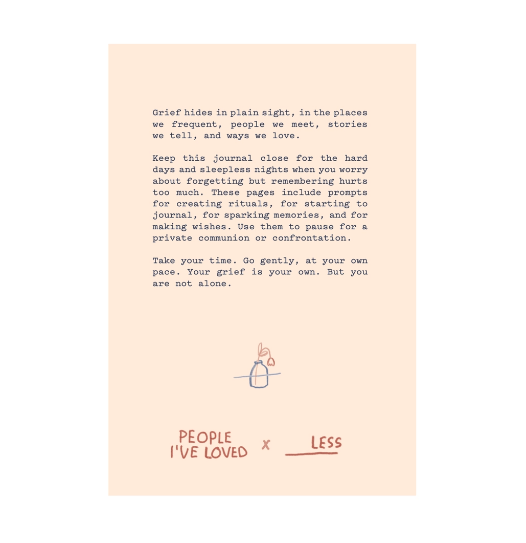 DIÁRIO "SITTING WITH SADNESS" - PEOPLE I'VE LOVED Página com texto e desenho de um vaso com flor em papel cor creme.