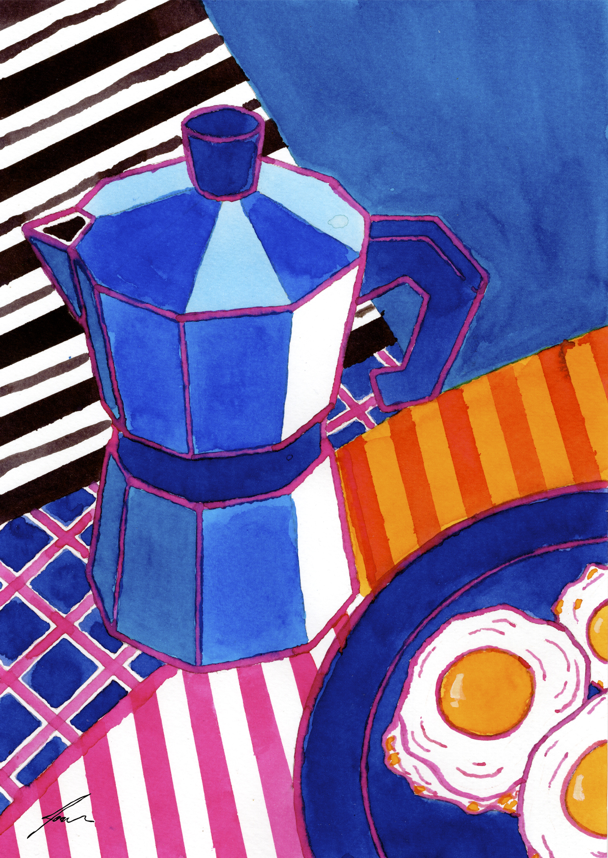 ORIGINAL "PEQUENO-ALMOÇO II" JOANA NÓBREGA Bule azul e prato com ovos estrelados sobre tecidos coloridos