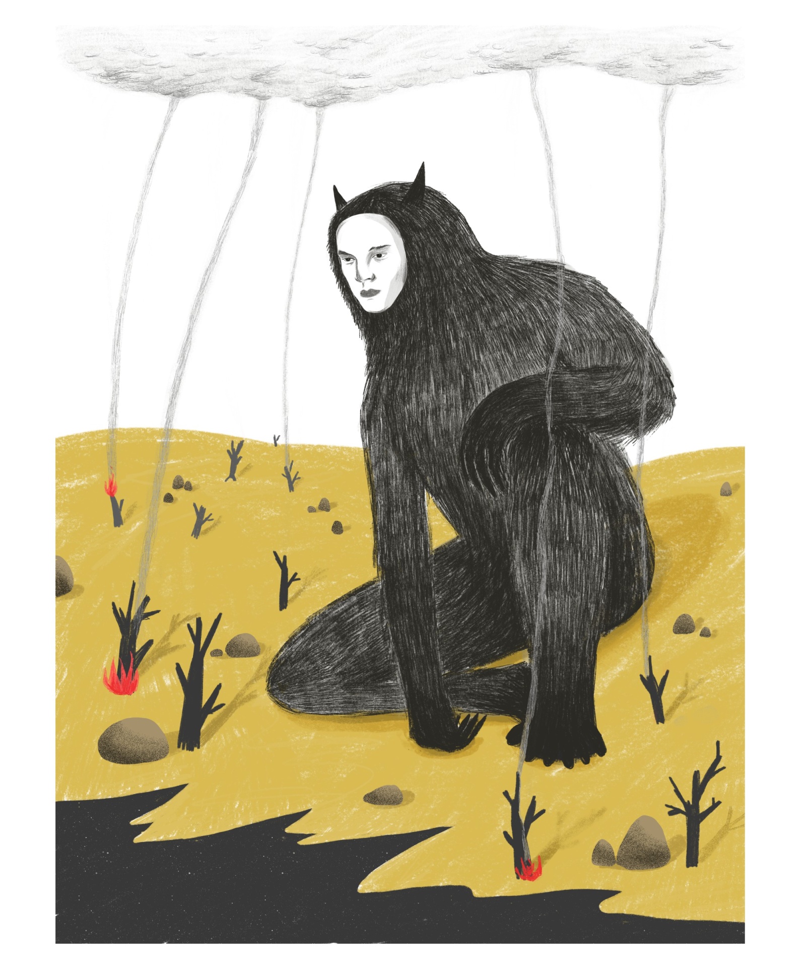 ILUSTRAÇÃO "EU SOU CAOS" BÁRBARA AMARAL Figura negra peluda com rosto humano agachada em terreno amarelo com pequenas chamas e nuvens cinzentas