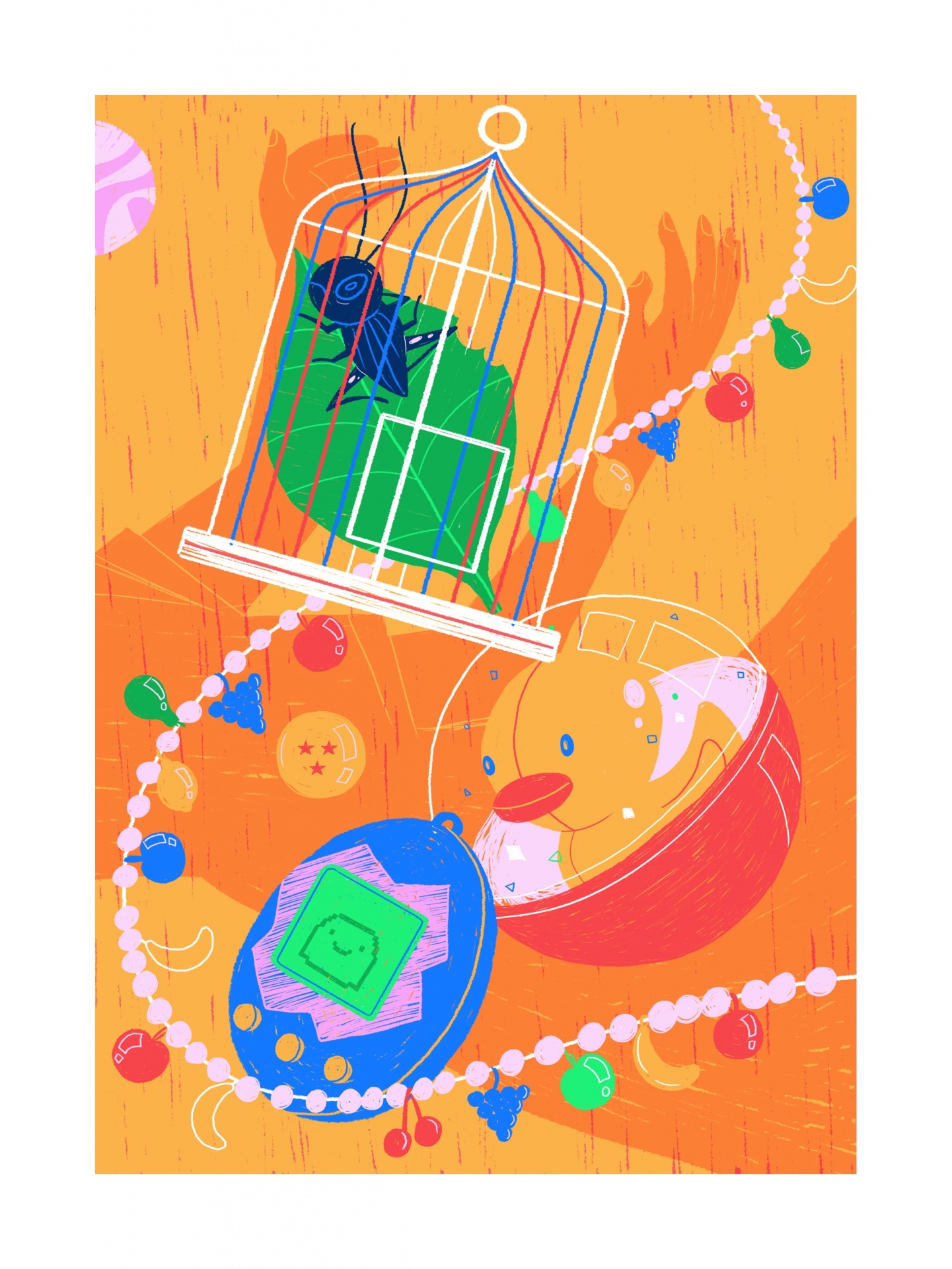 ILUSTRAÇÃO "TIME TRAPPERS 02" MARIA CARLOS CARDEIRO Ilustração de gaiola branca com inseto azul, ovo amarelo com rosto e esfera azul com ecrã em fundo laranja.