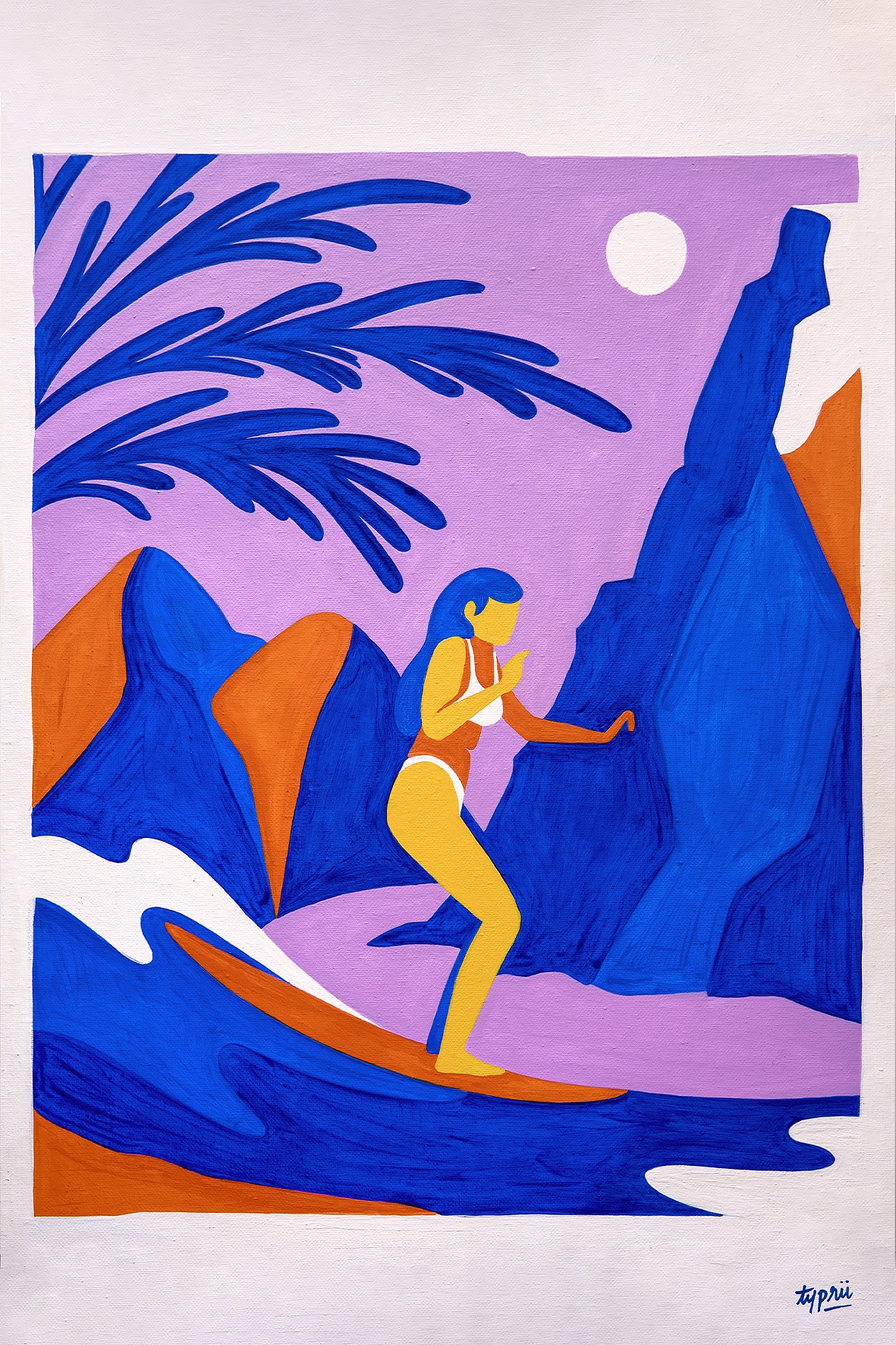 ILUSTRAÇÃO "DANCING RIVER" TYPRU Ilustração de mulher a fazer surf em paisagem de montanhas e rio coloridos