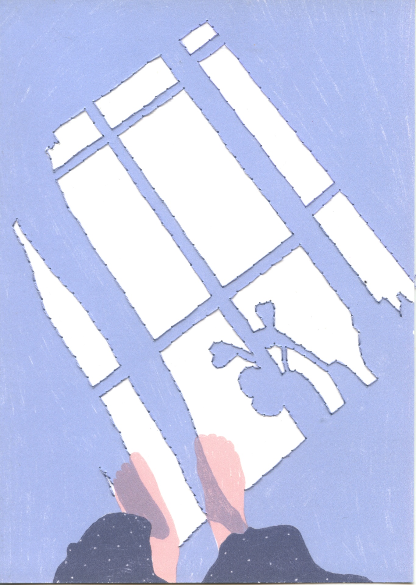 ILUSTRAÇÃO BORDADA "LUZ E SOMBRAS" GAMBUZINO Pés descalços sobre piso azul com janelas refletidas e sombra de planta