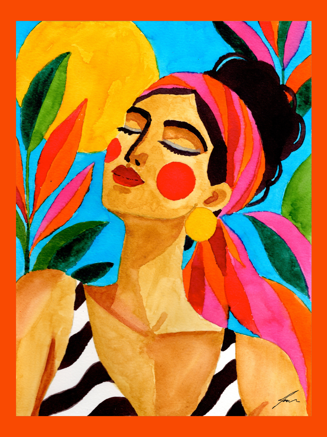 ORIGINAL "SUNKISSED I" JOANA NÓBREGA Ilustração aguarela mulher com lenço rosa e laranja, brincos amarelos e roupa preto e branco, fundo azul, folhas verdes e círculo amarelo.