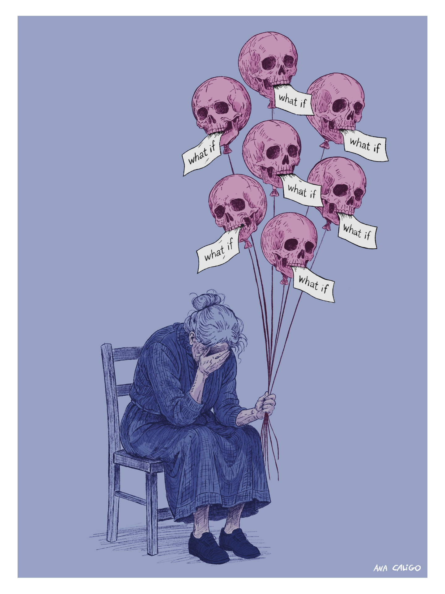 ILUSTRAÇÃO "THE CURSE OF REGRET" ANA CALIGO Mulher idosa sentada com balões roxos em forma de crânios com bandeiras a dizer what if