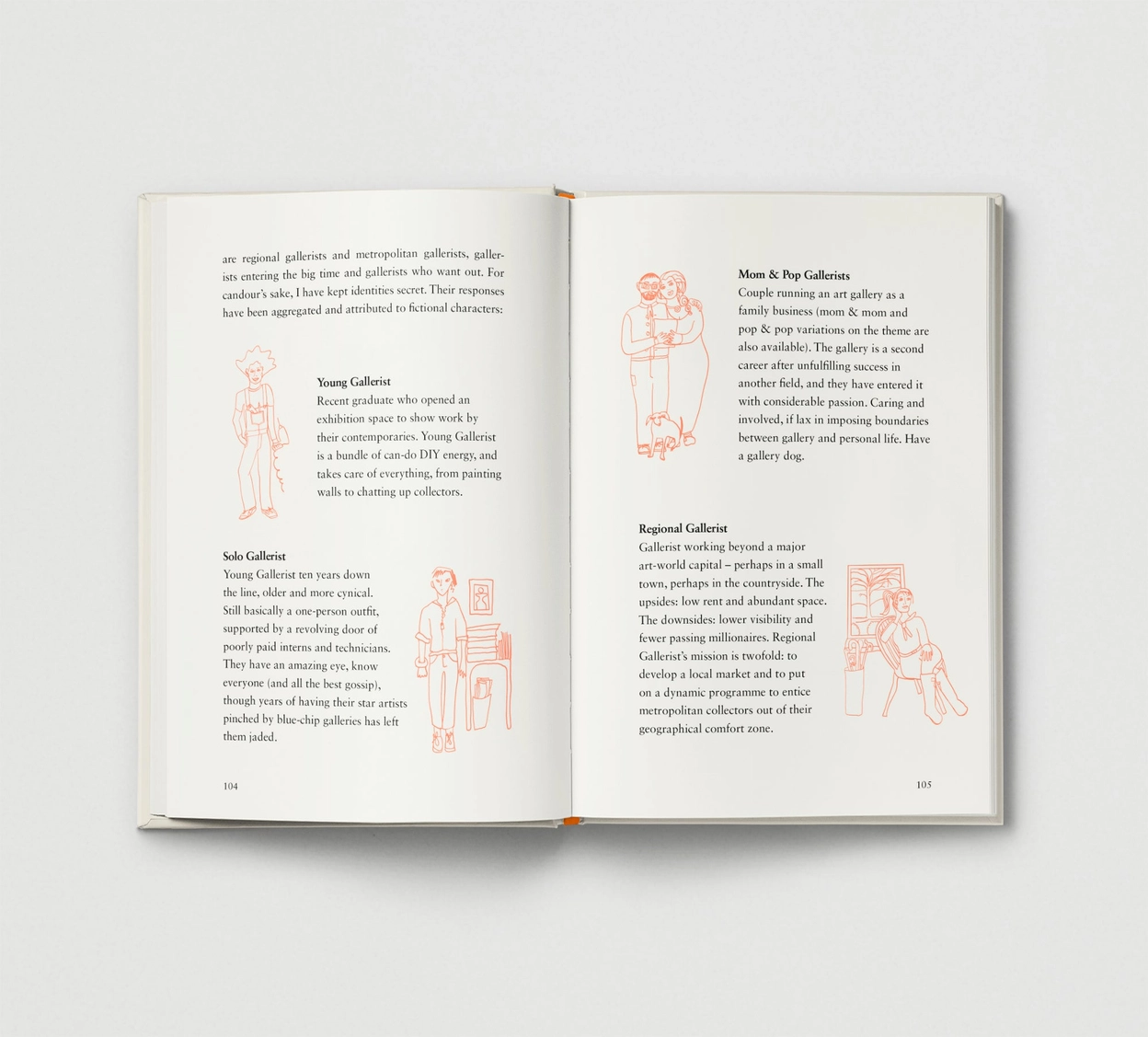 HOW TO ENTER THE ART WORLD - HOXTON MINI PRESS Livro aberto com texto em inglês e ilustrações cor-de-rosa nas páginas 104 e 105.
