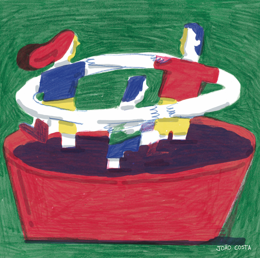 ILUSTRAÇÃO "DOURO II (MARCHAR, MARCHAR, MARCHAR)" JOÃO COSTA Desenho colorido de três figuras humanas estilizadas dentro de forma vermelha com braços unidos, fundo verde.