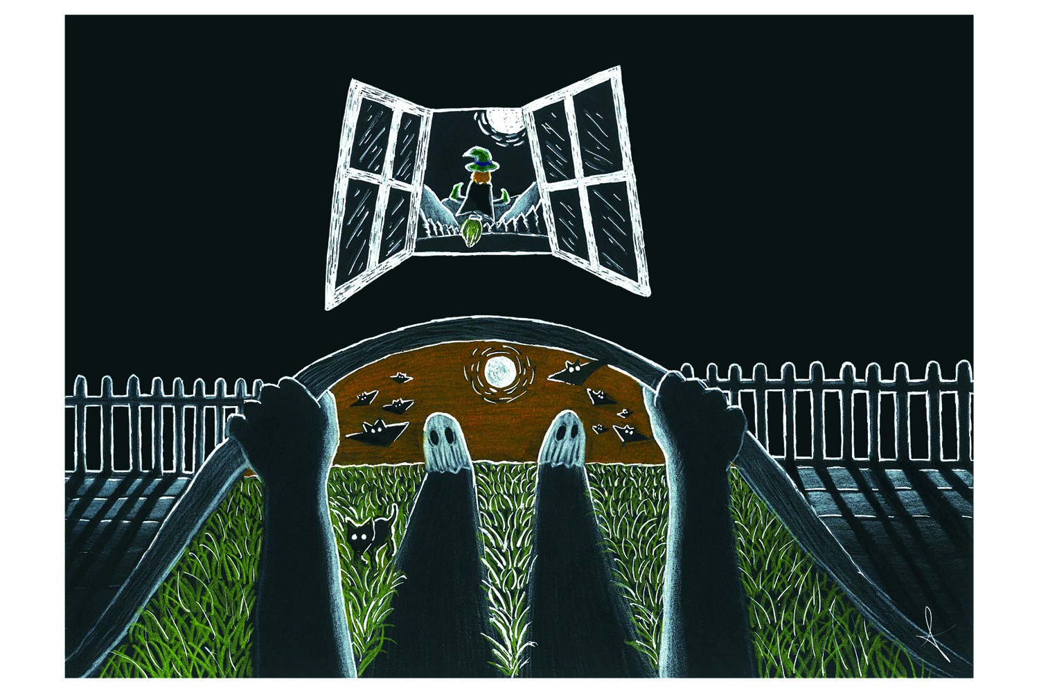 ORIGINAL "O PORTAL" ASIF FARUKY Ilustração de mãos segurando volante, fantasmas, morcegos, cerca branca e pato na janela aberta