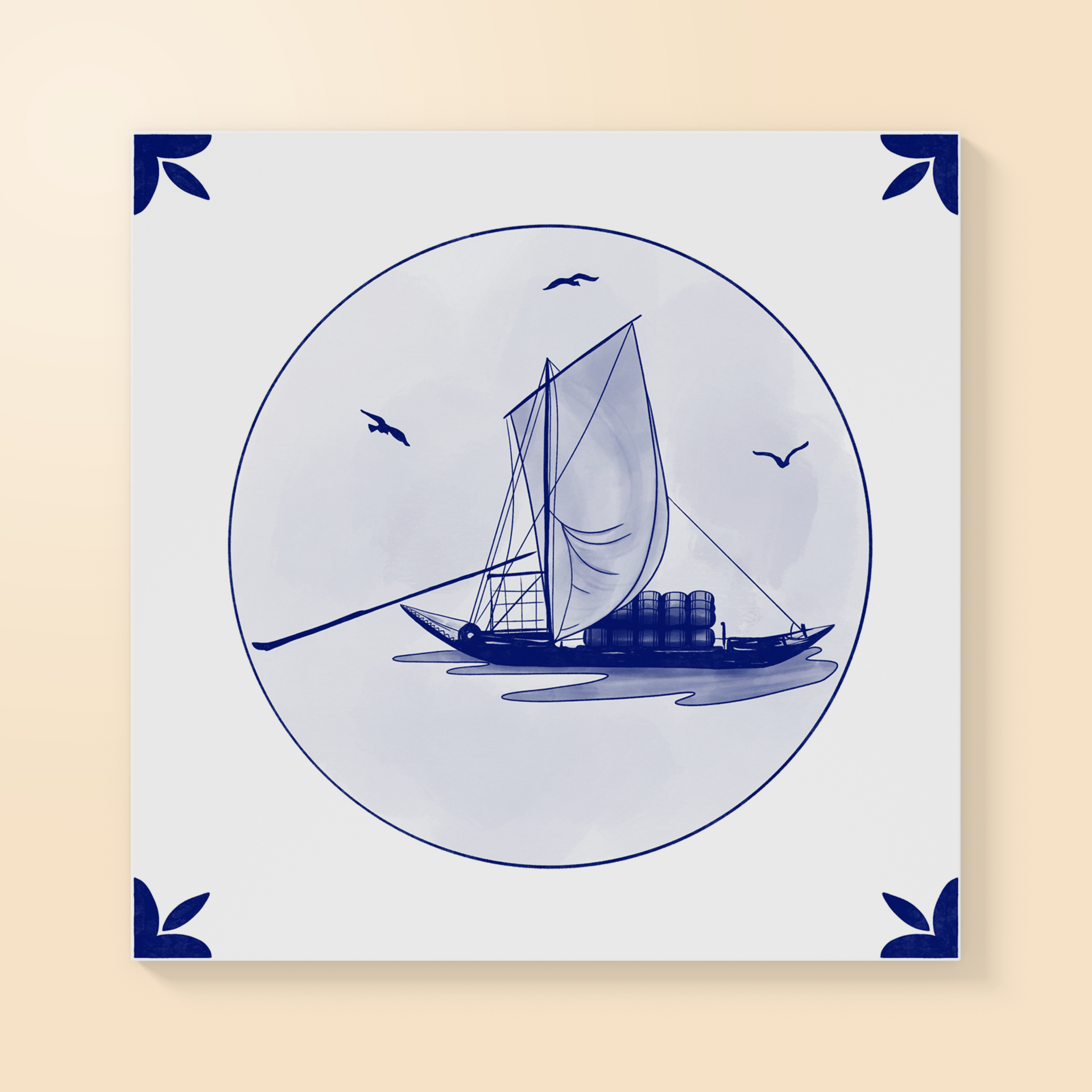 ILUSTRAÇÃO "DOURO I (RABELO)" SUSANA SILVA Azulejo branco quadrado com bordas azuis e ilustração azul de barco à vela antigo e gaivotas em círculo