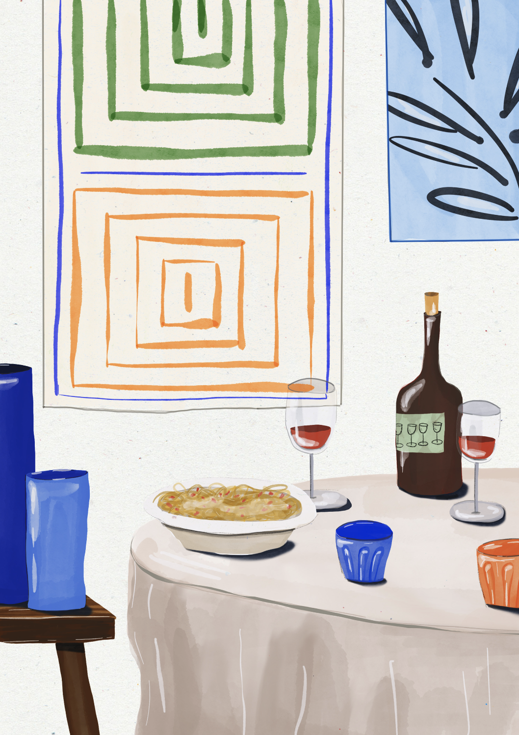 ILUSTRAÇÃO "PASTA TIME" EVA HALFERS Mesa com comida, copos e garrafa, quadros geométricos na parede