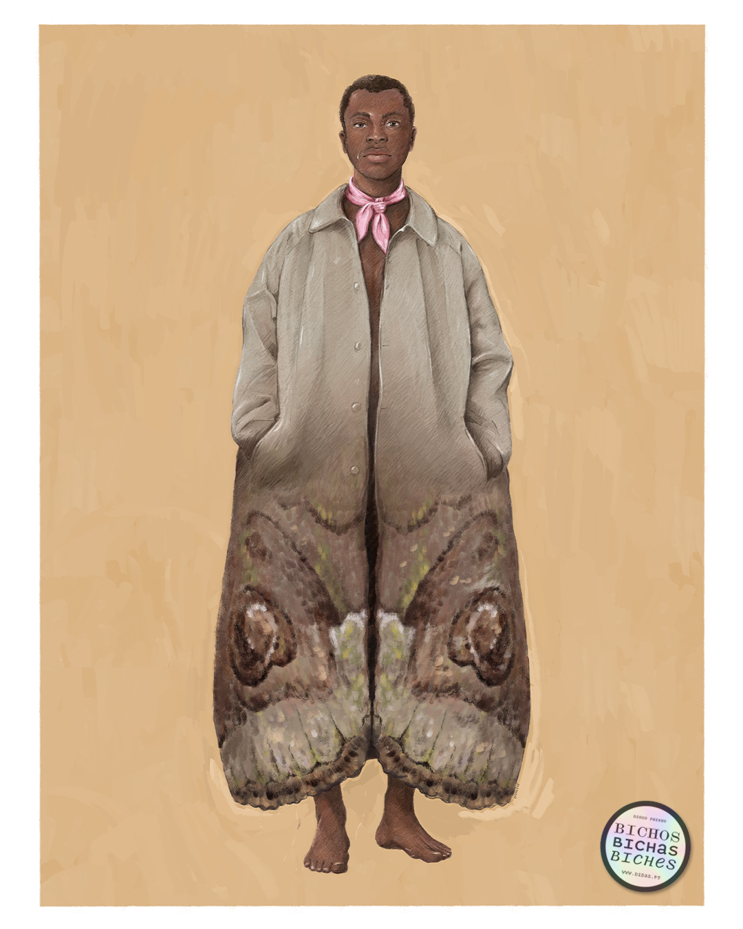 ILUSTRAÇÃO "CHIRON" DIOGO PAIXÃO Casaco longo com padrão de asa de borboleta e pessoa descalça com lenço rosa.