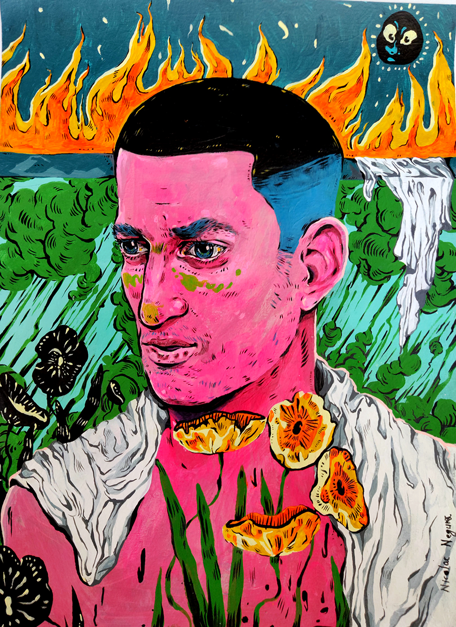 ORIGINAL "RECLUSE" COM MOLDURA NICOLAE NEGURA Pintura colorida de homem com pele rosa, flores no peito, fundo de árvores, fogo e lua com rosto.
