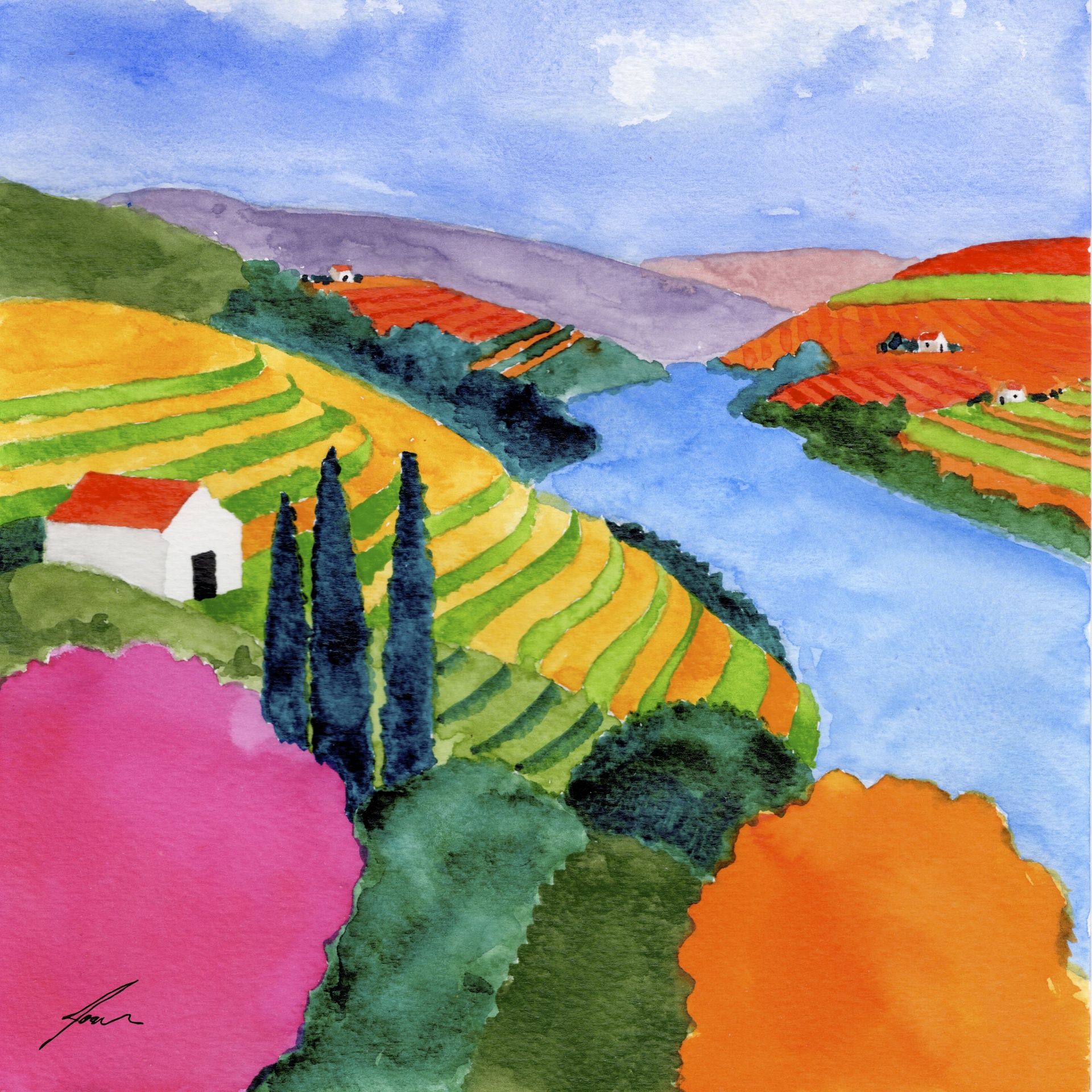 ILUSTRAÇÃO "DOURO I" JOANA NÓBREGA Pintura em aguarela de uma paisagem com colinas coloridas, árvores e casas brancas junto a um rio azul.