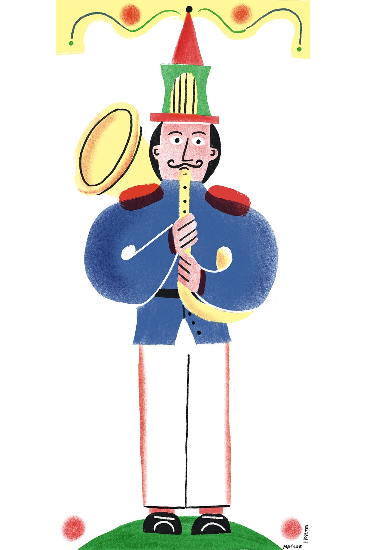 ILUSTRAÇÃO "ZÉ NANDO" MATILDE HORTA Desenho de soldado da guarda azul e branco com chapéu verde e vermelho a tocar instrumento amarelo.