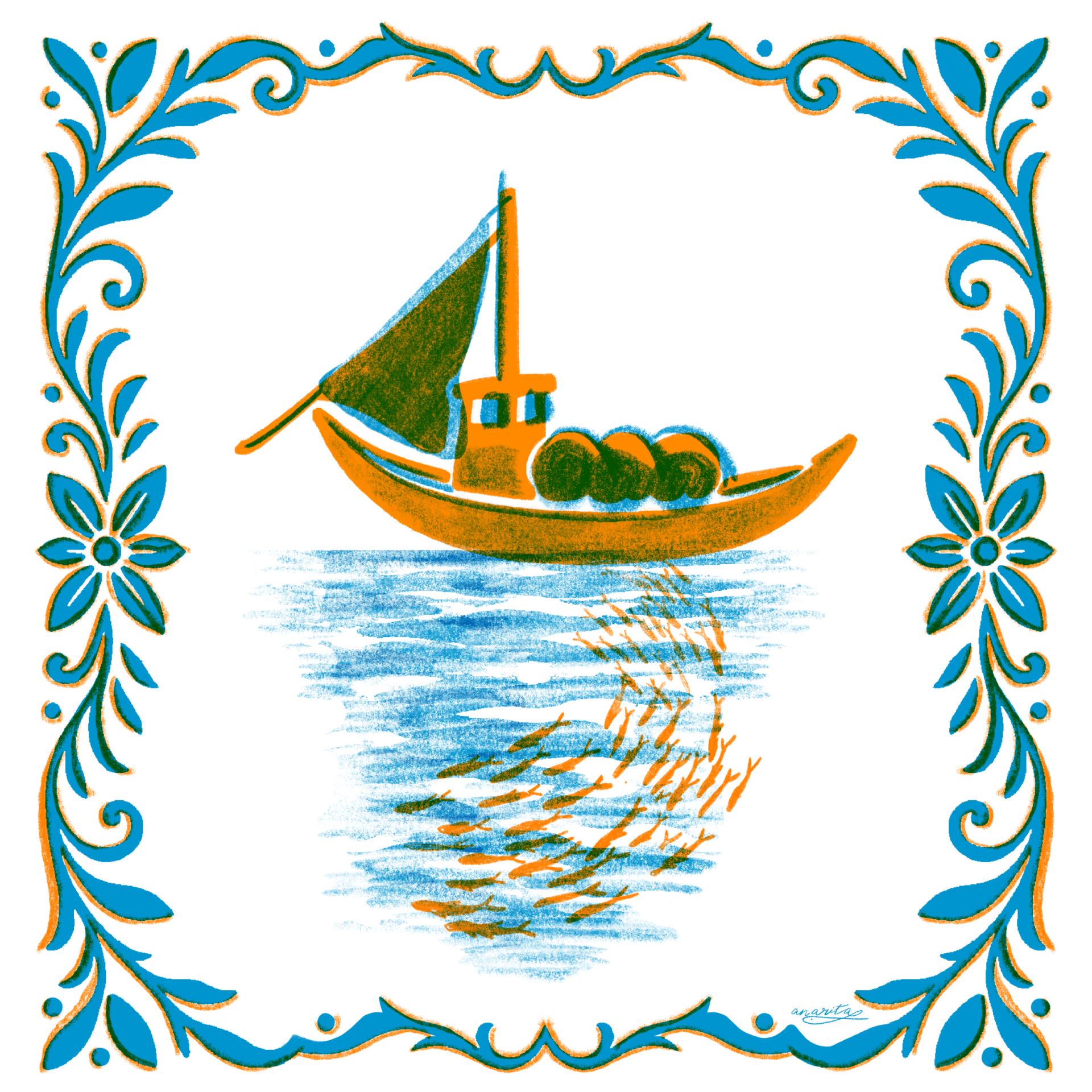 ILUSTRAÇÃO "DOURO II" ANA RITA ROBALO Ilustração de um barco colorido com padrão decorativo ao redor