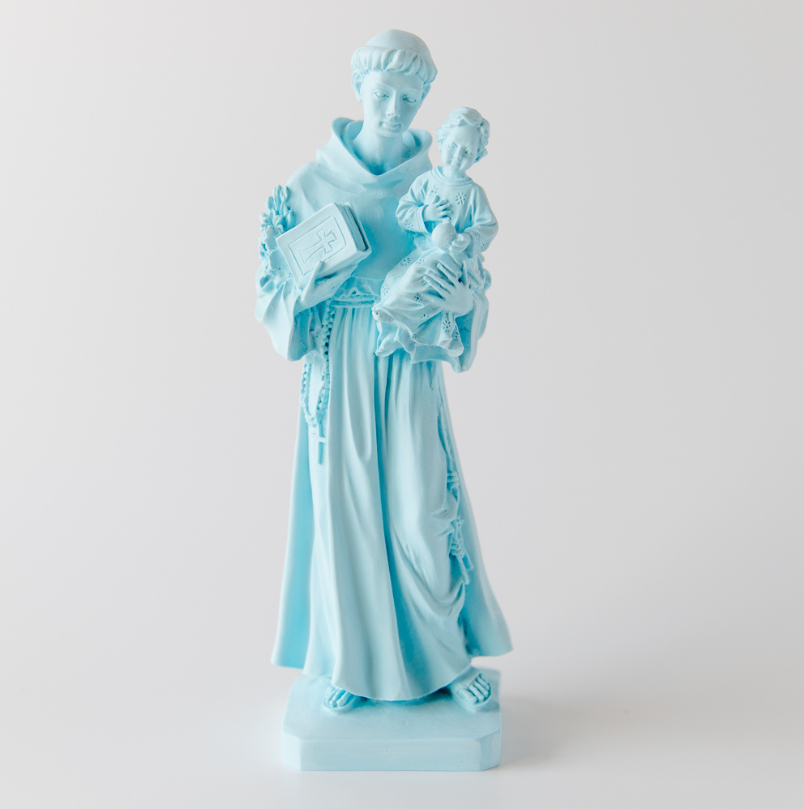"SANTO ANTÓNIO - AZUL" TREZE Estátua azul clara de figura religiosa masculina com criança e livro