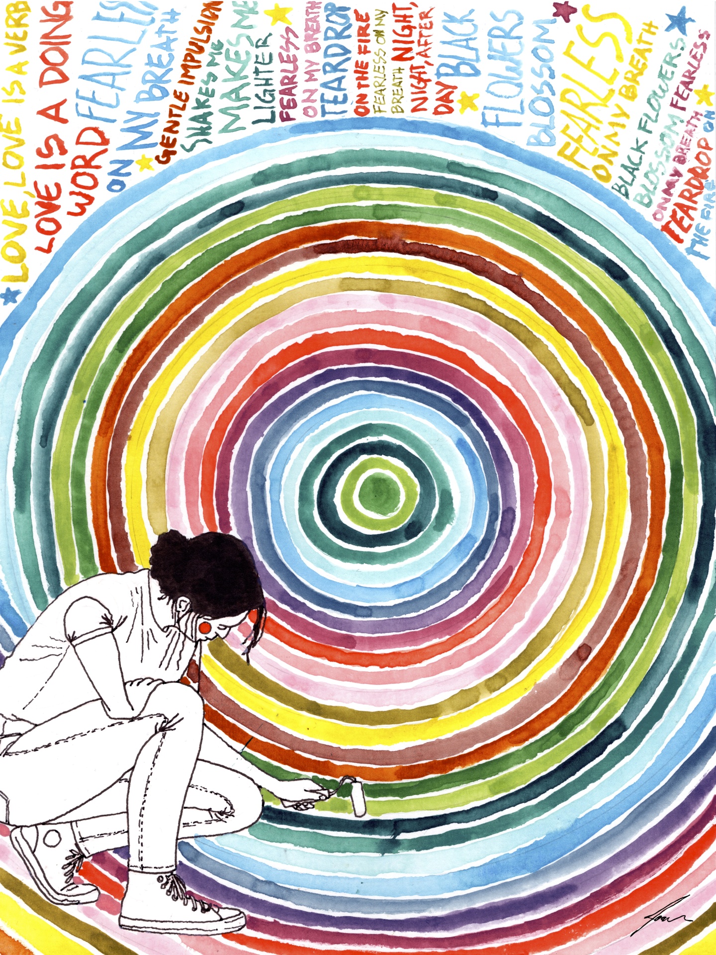ILUSTRAÇÃO "CANÇÃO PINTADA À MÃO" JOANA NÓBREGA Pessoa a pintar círculos coloridos com texto colorido em volta.