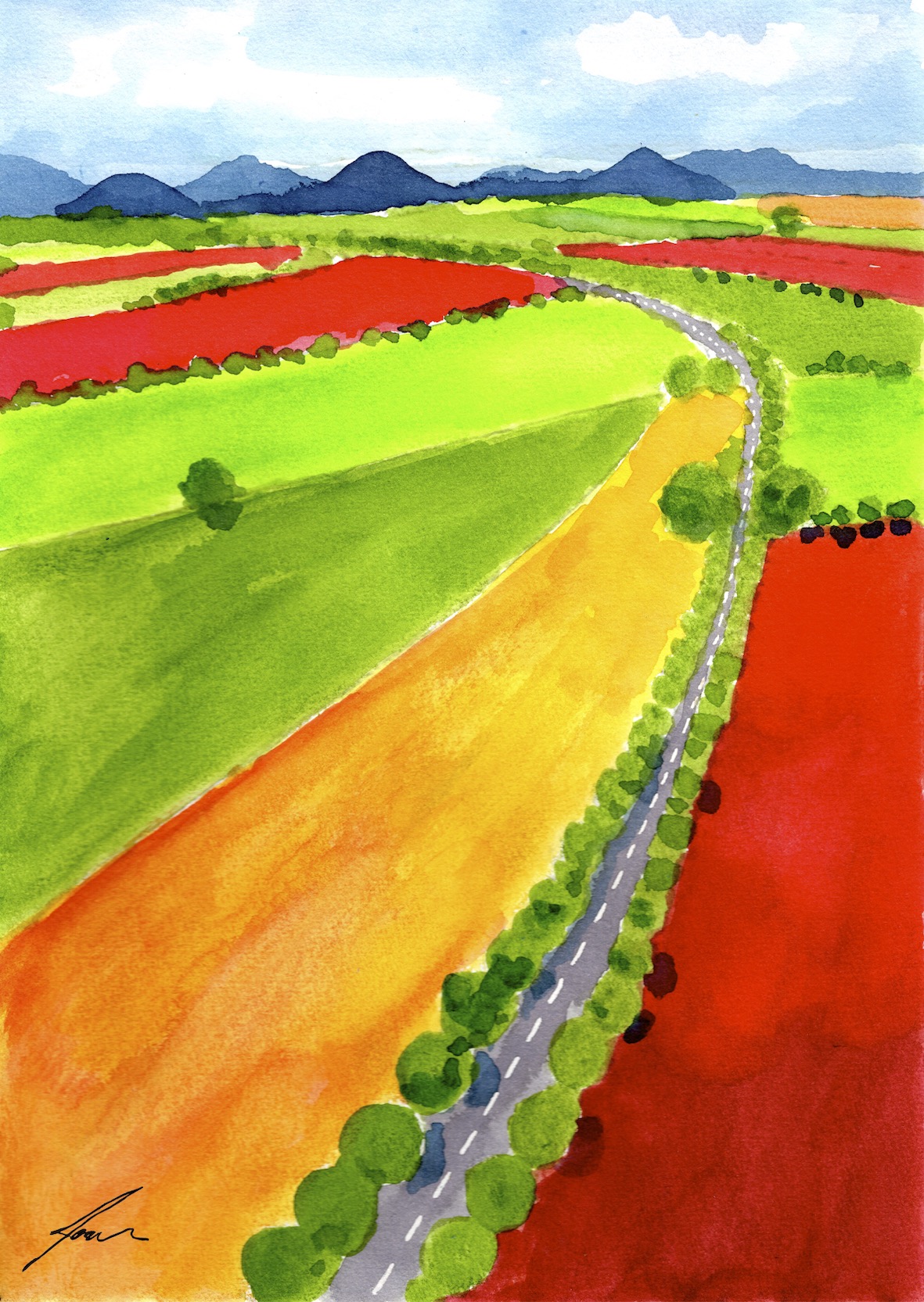 ORIGINAL "ROAD TO NOWHERE II" JOANA NOBREGA Pintura em aguarela de estrada curva rodeada por campos coloridos e montanhas ao fundo