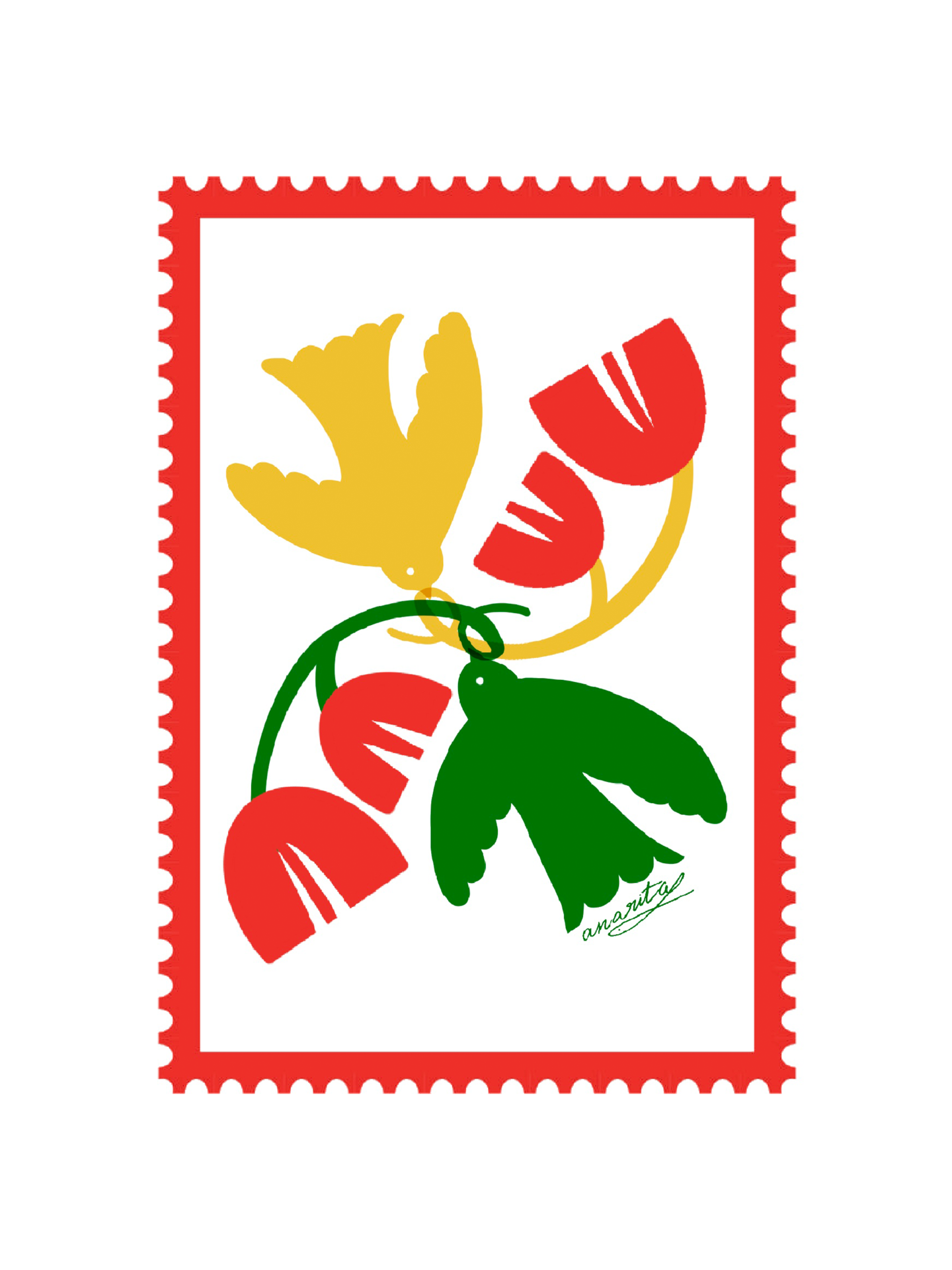 ILUSTRAÇÃO "1. VAMOS DAR ASAS À LIBERDADE" ANA RITA ROBALO Ilustração de pássaro amarelo, flores vermelhas, folhas verdes e moldura vermelha em forma de selo.