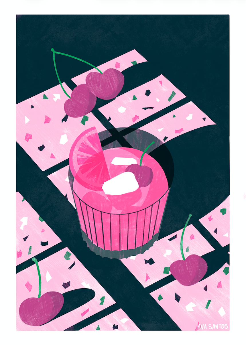 RISOGRAFIA "OLD FASHIONED" ANA SANTOS Bebida rosa em copo com gelo e cereja, sobre bloco azul com peças rosas e cerejas