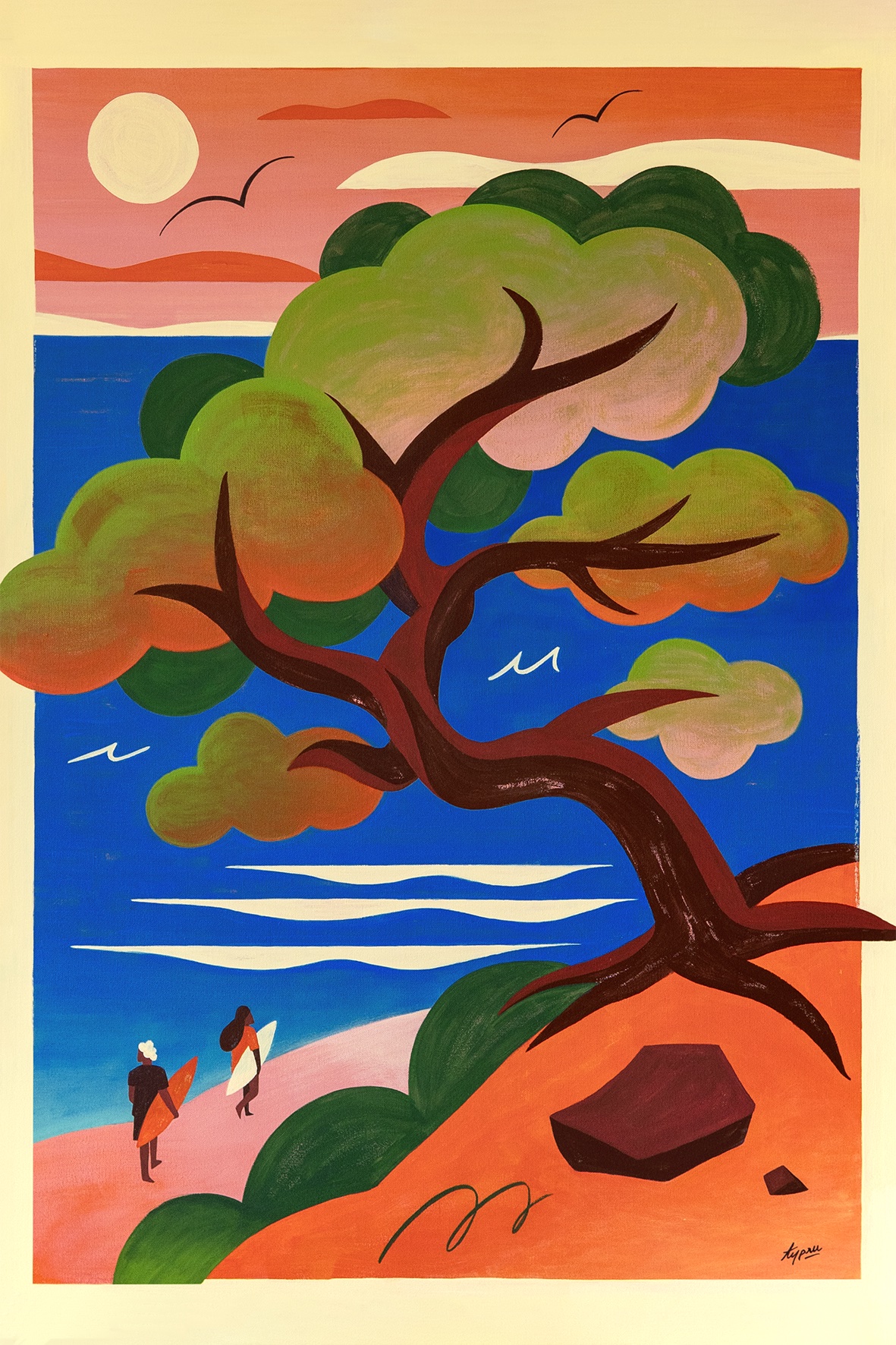 ILUSTRAÇÃO "WALKING DOWN CLIFFS" TYPRU Pintura de árvore colorida e praia com duas pessoas a caminhar