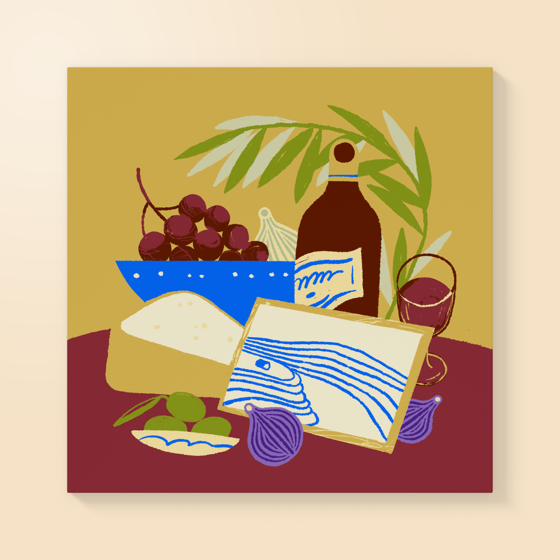 ILUSTRAÇÃO "DOURO I" IGA NAWARA ilustração de mesa com uvas, garrafa, queijo, azeitonas e cebolas