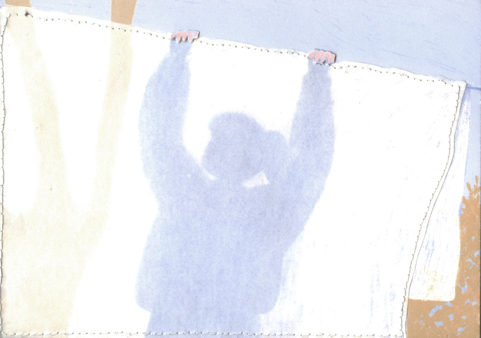 ILUSTRAÇÃO BORDADA "ESTENDAL" GAMBUZINO Pessoa segurando pano branco com sombra azulada