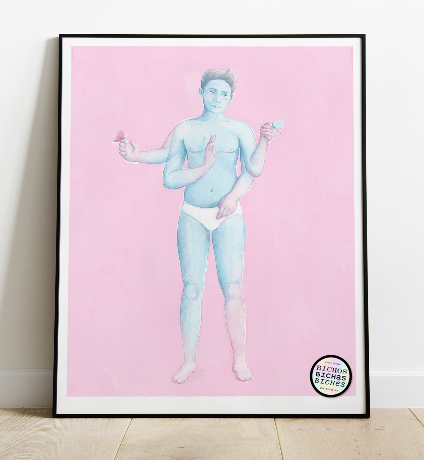 ILUSTRAÇÃO "CAENEUS" DIOGO PAIXÃO Quadro com ilustração de figura humana azul com quatro braços, cueca branca e fundo rosa