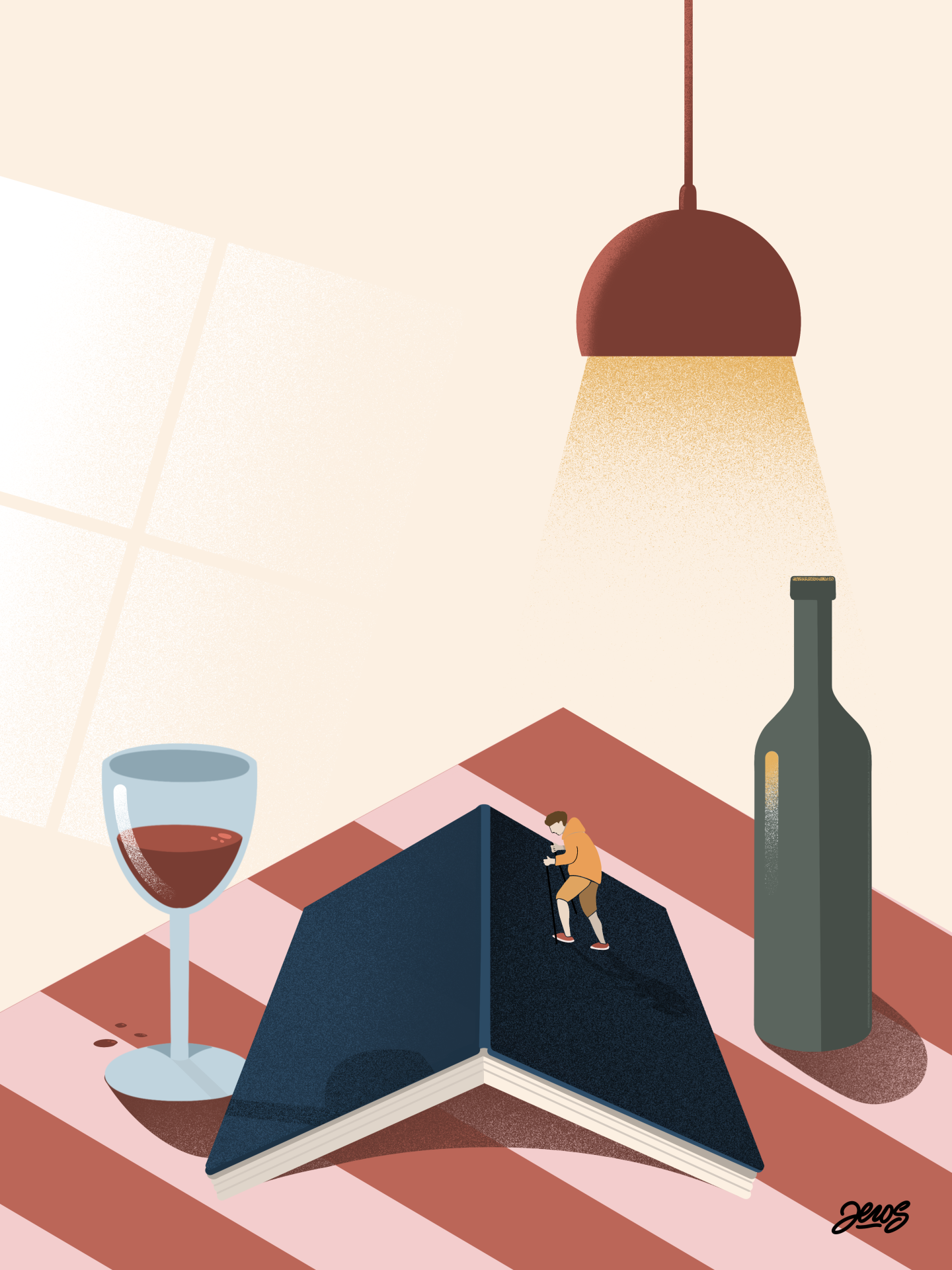 ILUSTRAÇÃO "SORRY! NOT TODAY II" ZEROS TATTOO Mesa com livro aberto, copo de vinho, garrafa e lâmpada pendente iluminando