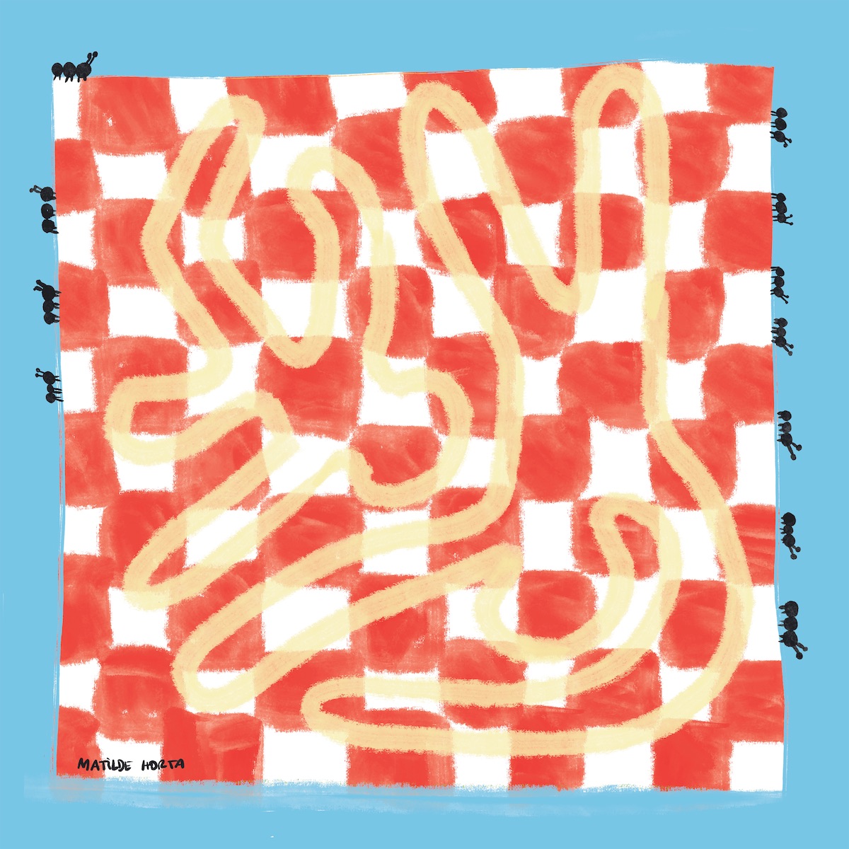LENÇO "BANDANA" MATILDE HORTA Padrão quadriculado vermelho e branco com desenho amarelo e formigas pretas num fundo azul