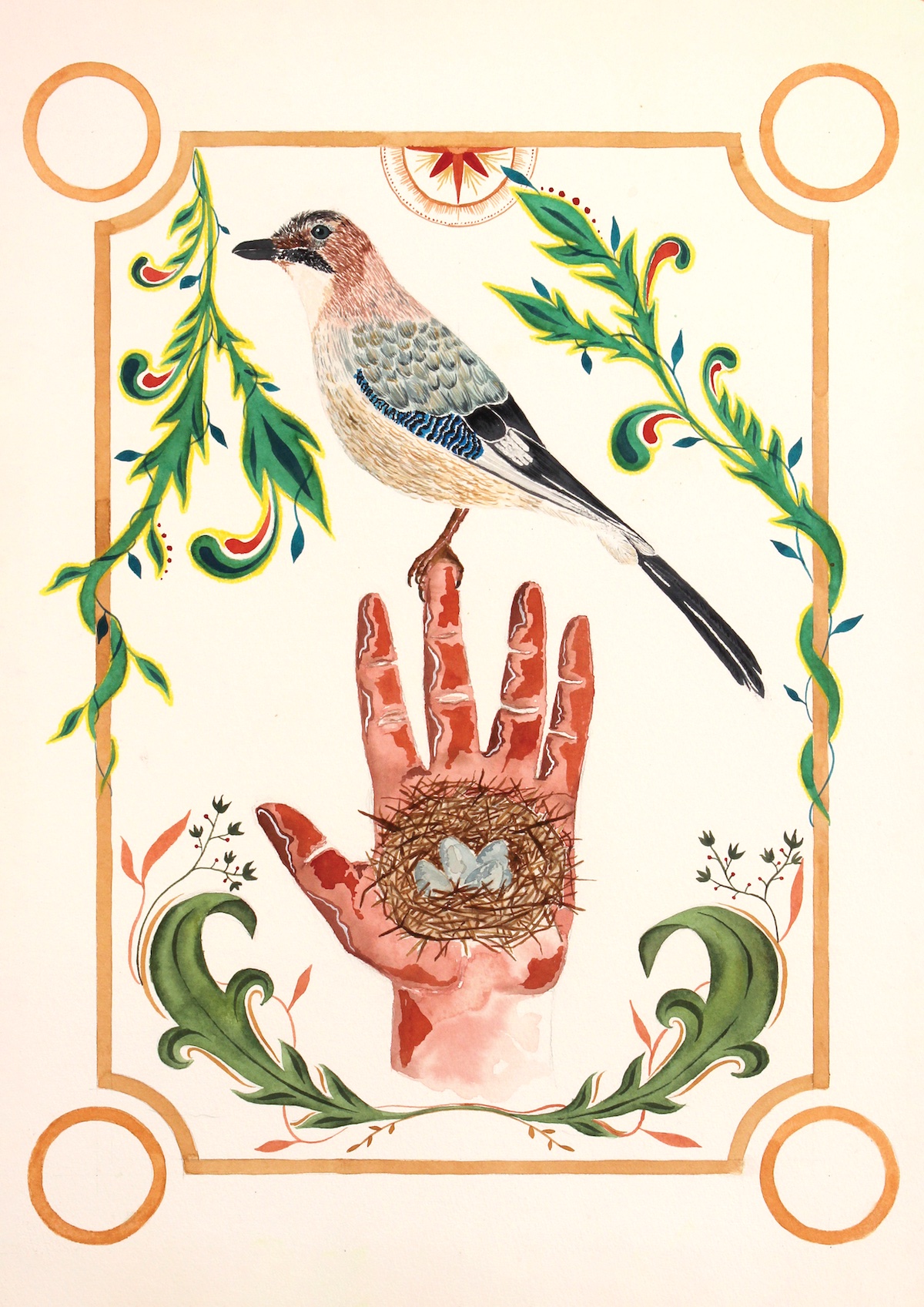ORIGINAL "GAIO" ISA WHITAKER Ilustração de pássaro em mão com ninho e ovos, com decoração floral e moldura laranja
