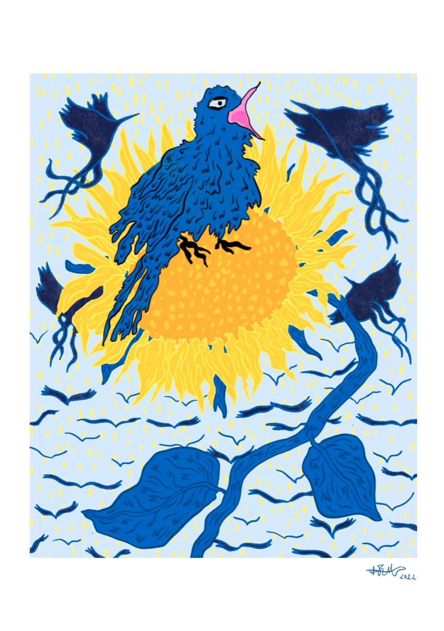 ILLUSTRATING FOR UKRAINE 83 🇺🇦 Ilustração colorida de girassol com pássaros azuis e pretos