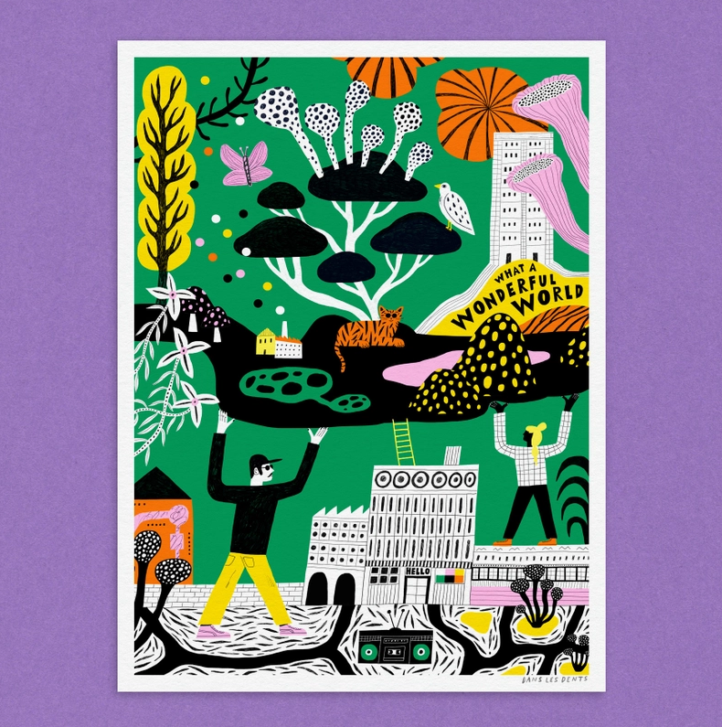 ILUSTRAÇÃO "WONDERFUL WORLD" DANS LES DENTS Ilustração colorida de duas pessoas segurando uma ilha com plantas, animais e edifícios, texto WHAT A WONDERFUL WORLD.