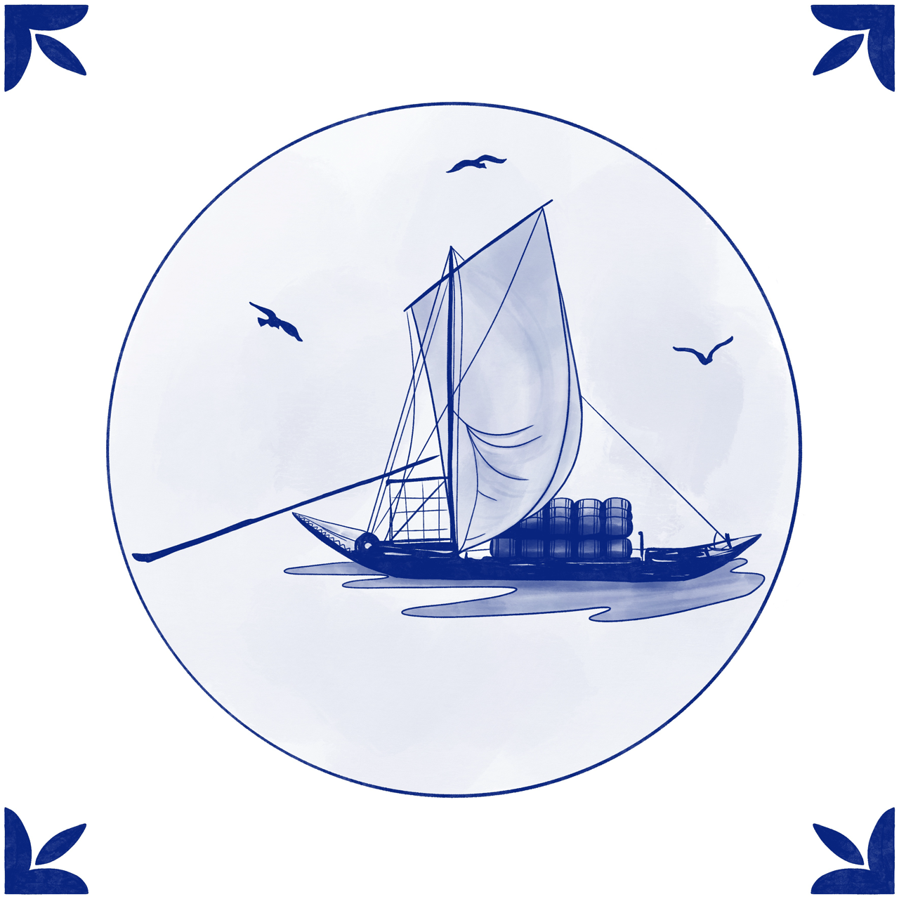 ILUSTRAÇÃO "DOURO I (RABELO)" SUSANA SILVA Barco à vela tradicional azul e branco com barris e pássaros dentro de círculo decorado