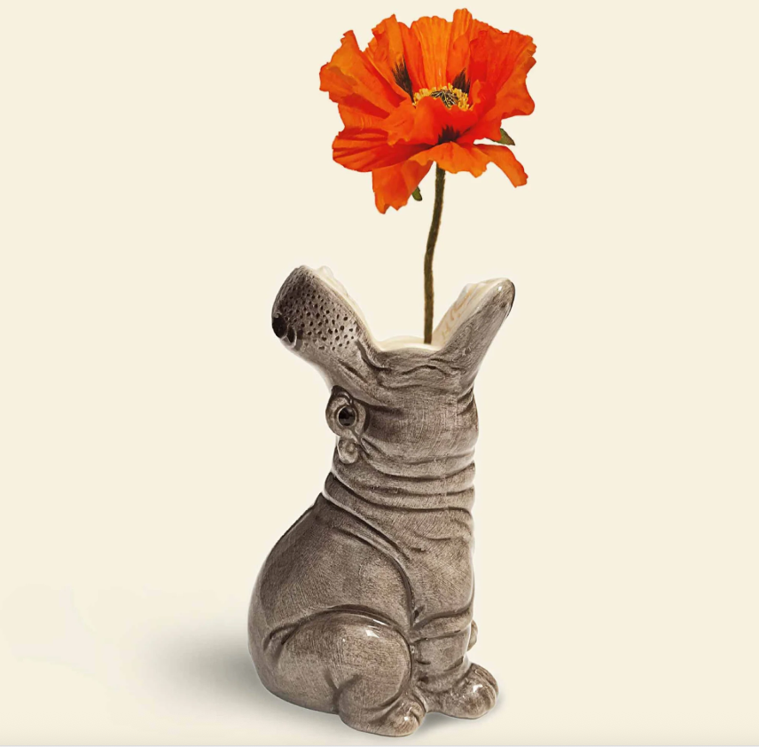 HUNGRY HIPPO SMALL VASE DONKEY Vaso de rinoceronte cinzento com flor vermelha