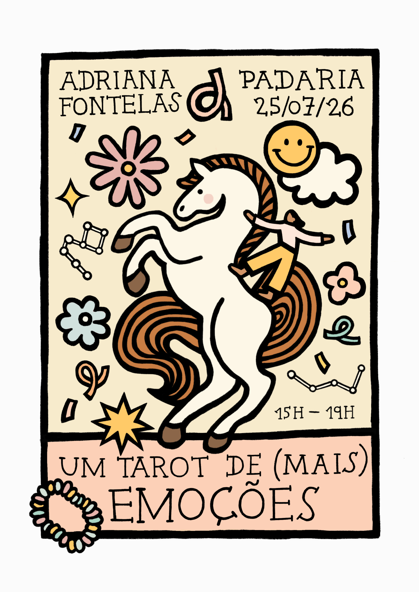 CARTAZ "UM TAROT DE (MAIS) EMOÇÕES" ADRIANA FONTELAS Cartaz ilustrado com cavalo branco, flores coloridas e texto em português