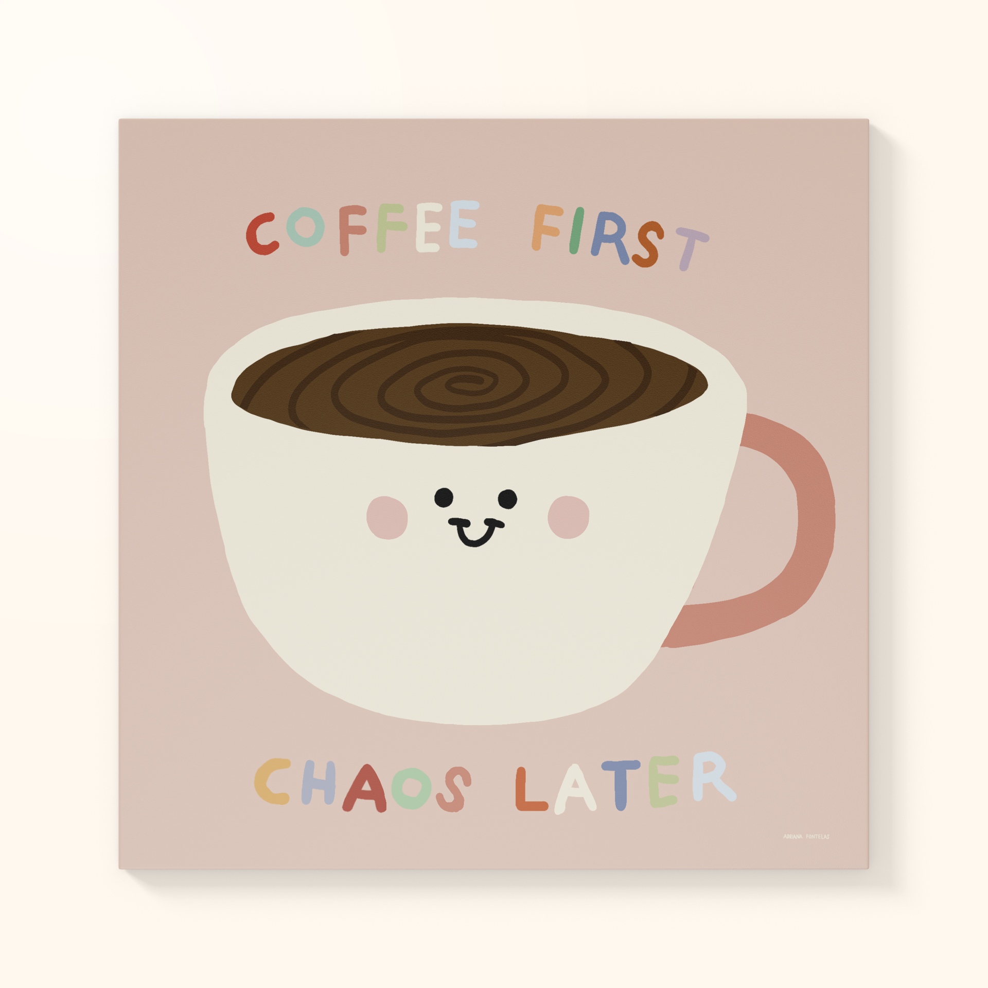 AZULEJO "COFFEE" ADRIANA FONTELAS Ilustração de chávena de café com rosto sorridente e texto colorido