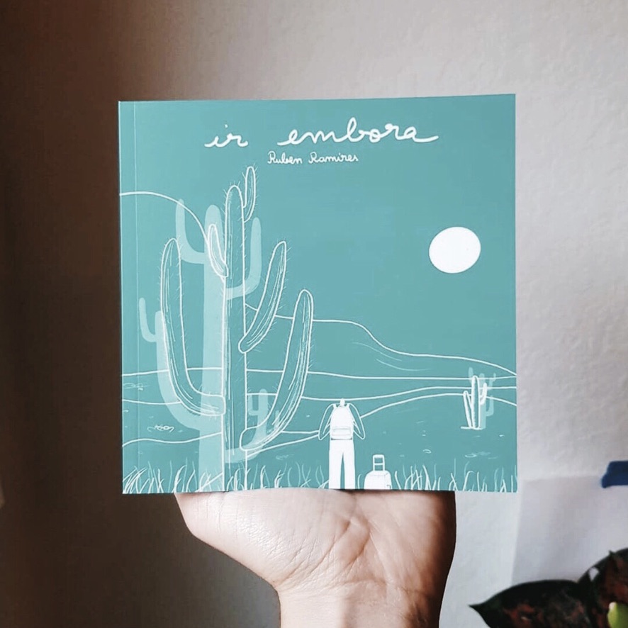 LIVRO "IR EMBORA" RUBEN RAMIRES Capa de livro azul turquesa com ilustração branca de cacto e texto 'ir embora Ruben Ramirez'