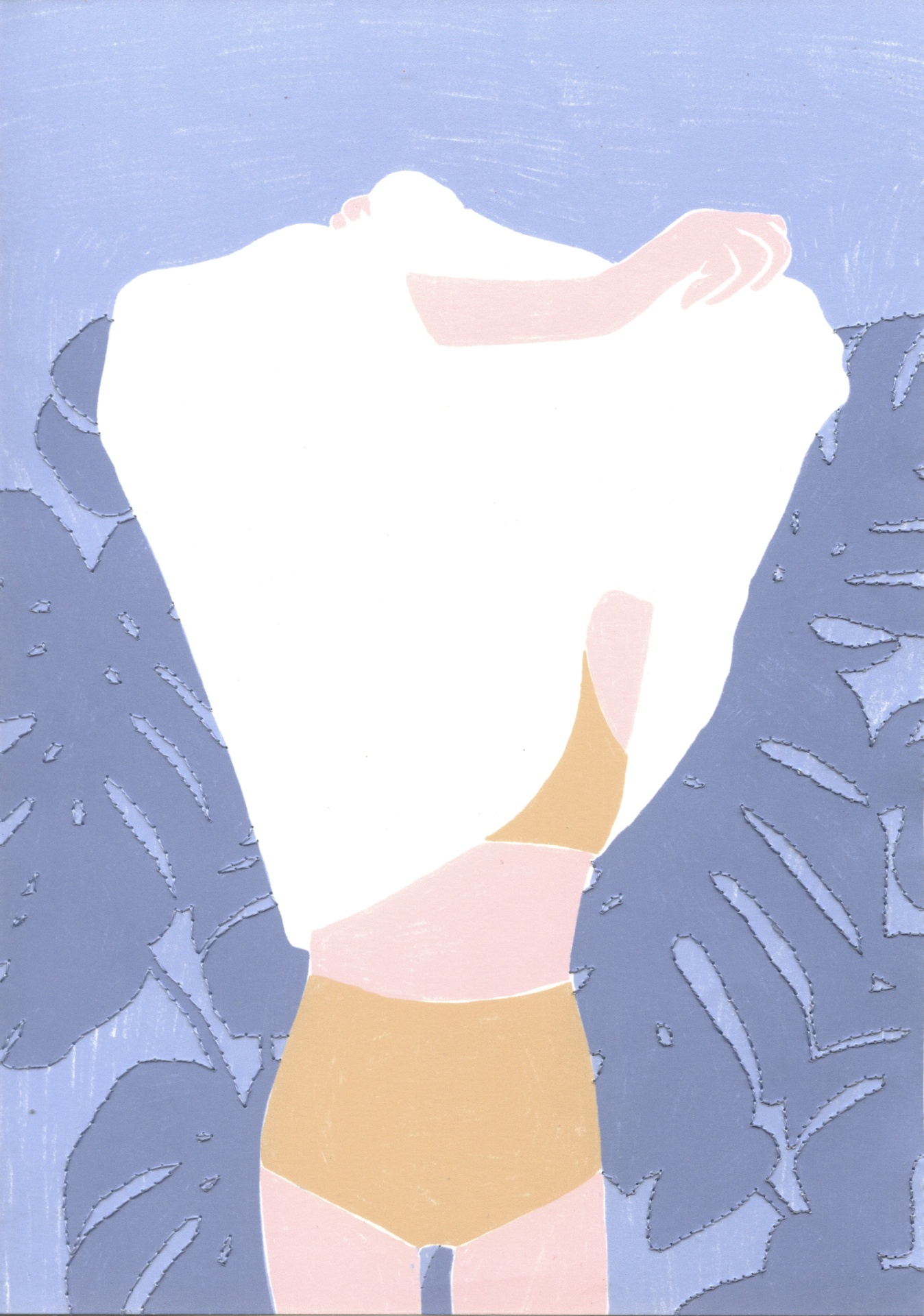 ILUSTRAÇÃO BORDADA "ROUPA DO DIA" GAMBUZINO Pessoa estilizada a vestir roupa branca e bege com fundo de folhas azuis