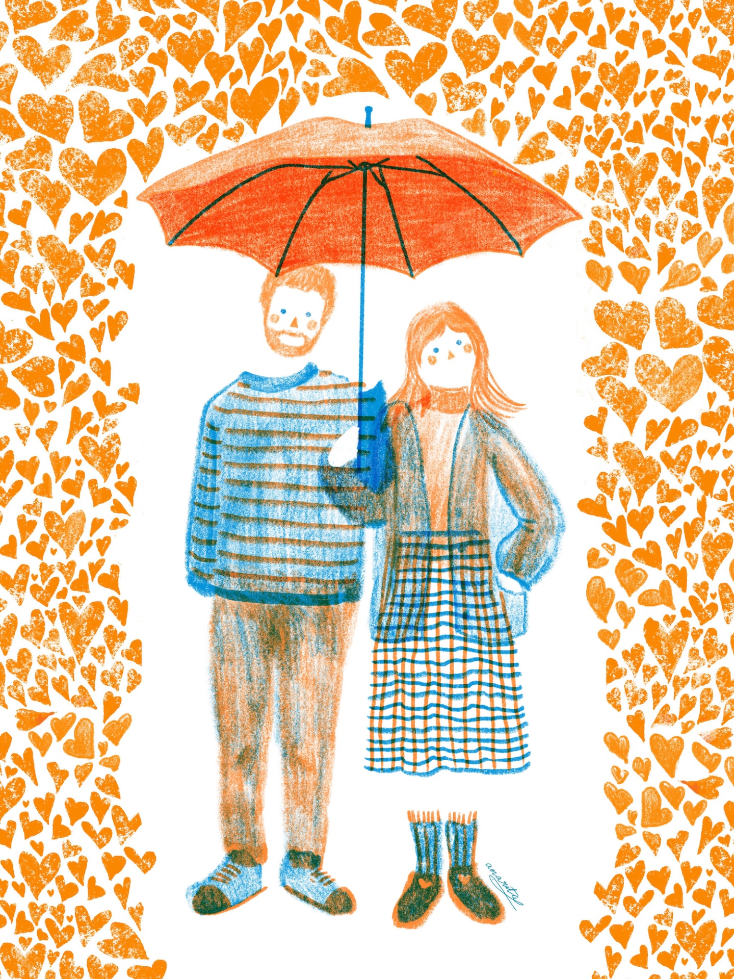 Ilustração de casal em tons azul e bege com guarda-chuva vermelho e fundo de corações laranja