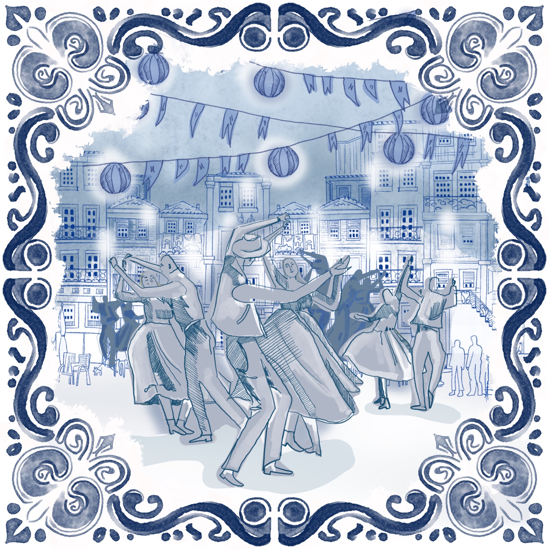 AZULEJO "S. JOÃO EM TONS DE AZUL" MARIA JOÃO FARIA Ilustração azul e branca de festa popular com pessoas a dançar, bandeirolas e lanternas, moldura decorativa similar a azulejo
