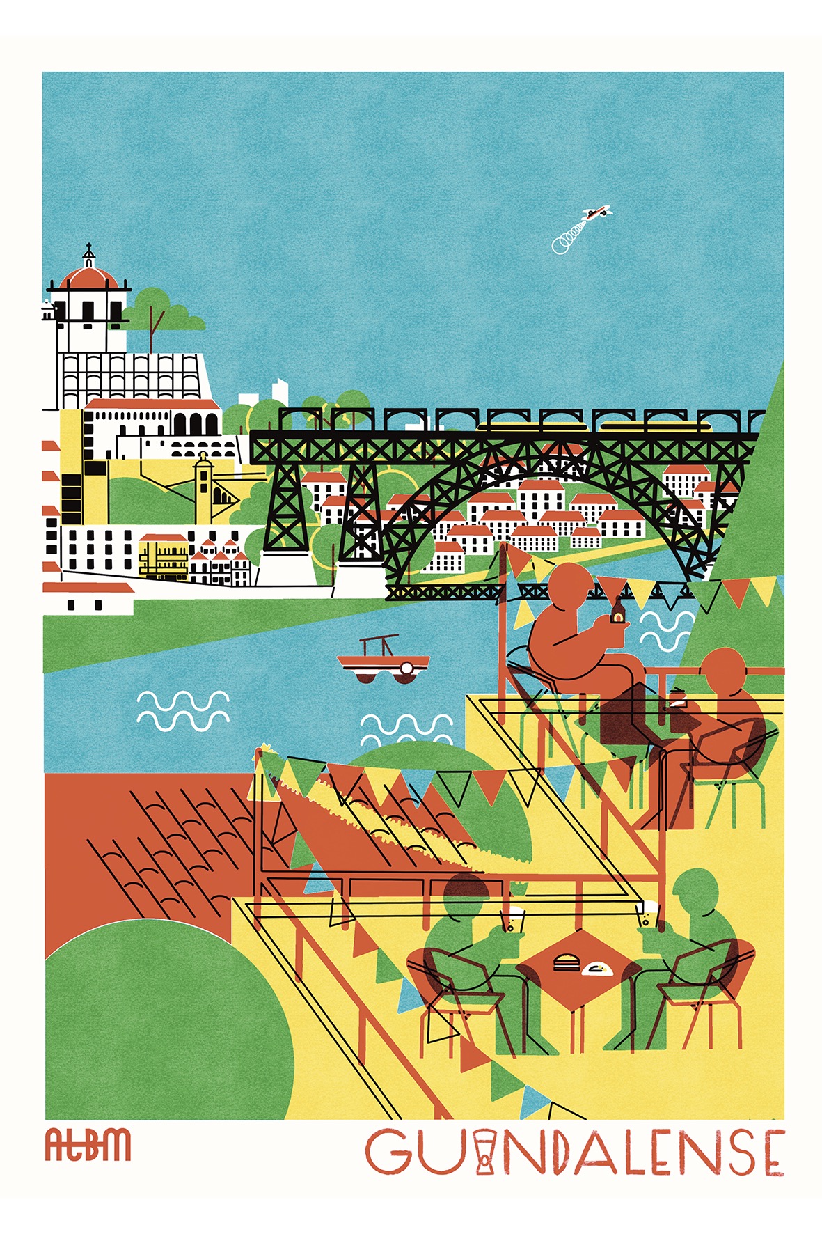 ILUSTRAÇÃO "GUINDALENSE" A TERESA EM BANHO MARIA Ilustração de pessoas em esplanada junto a um rio com ponte e edifícios