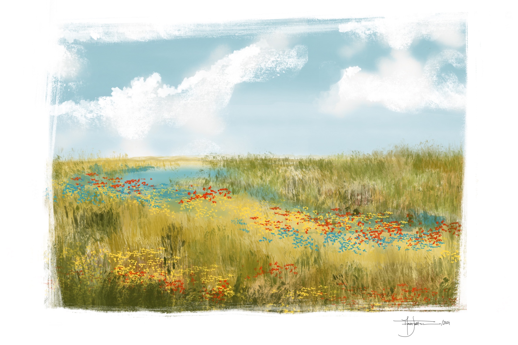 ILUSTRAÇÃO "ALENTEJO" MARIA JOÃO FARIA Paisagem digital com prado, lago, flores e céu nublado