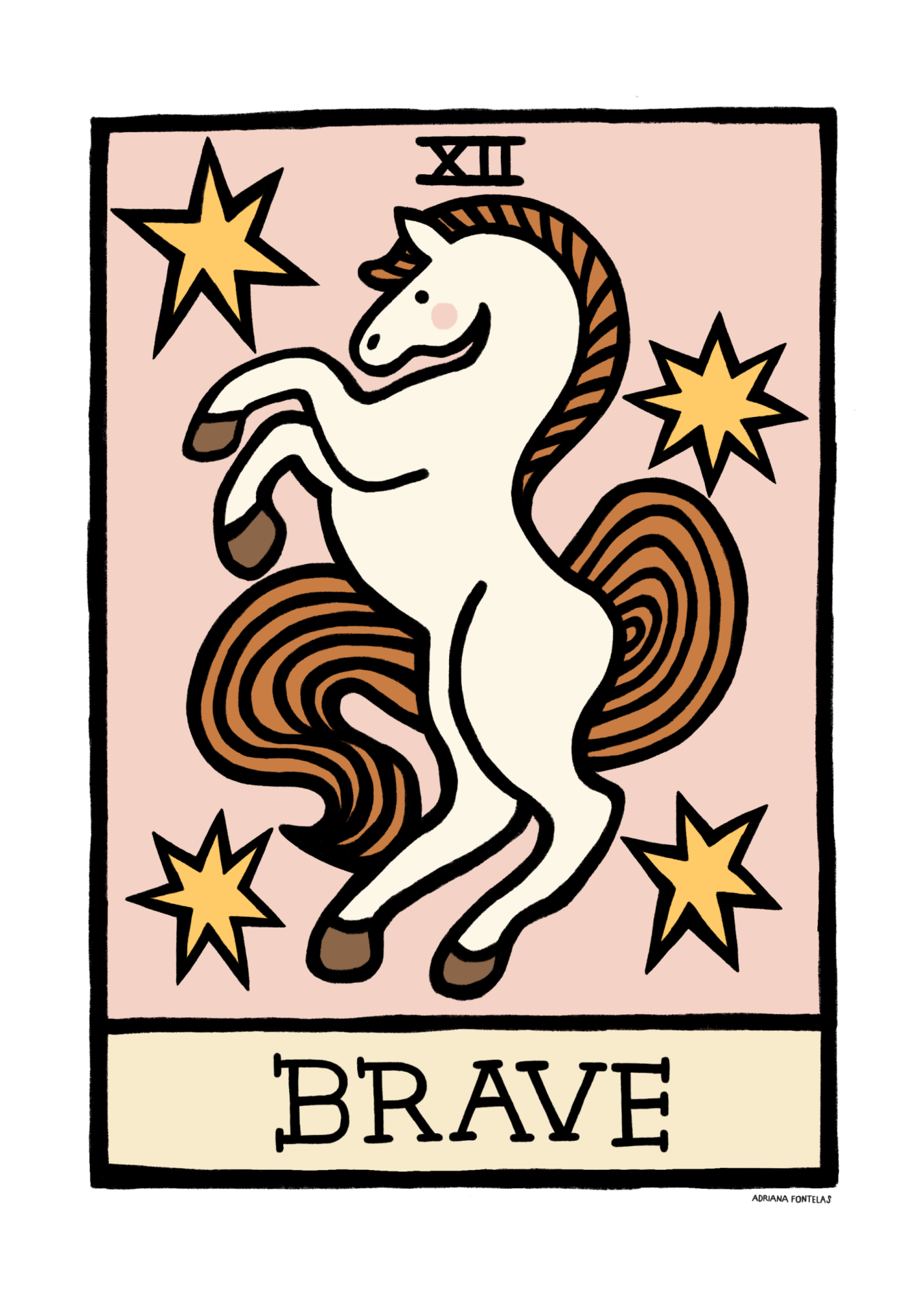 ILUSTRAÇÃO "XII - BRAVE" ADRIANA FONTELAS Ilustração de cavalo branco com crina castanha e estrelas amarelas