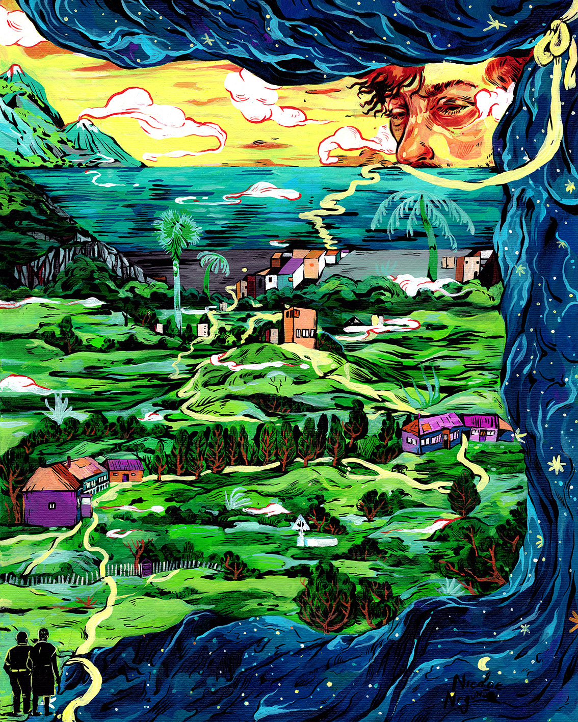 ORIGINAL THE PATH NICOLAE NEGURA Pintura colorida de paisagem com casas, árvores, montanhas, um casal e rosto masculino soprando nuvens
