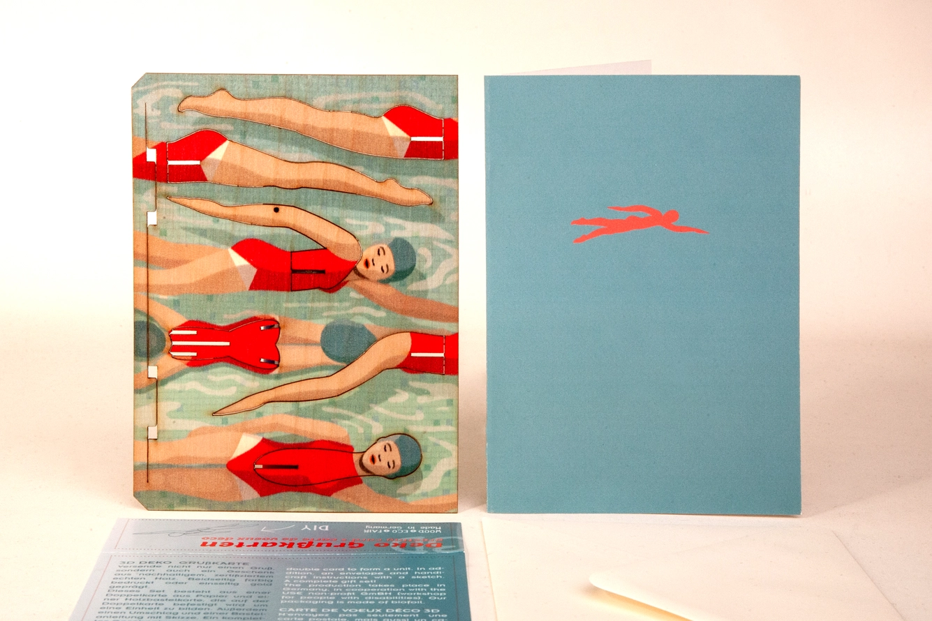 SWIMMER - 3D DECO GREETING CARD FORMES BERLIN Adesivos vinílicos de figuras femininas em maiôs vermelhos e cartão azul com figura vermelha