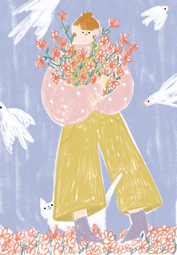 ILUSTRAÇÃO "APANHAR FLORES" GAMBUZINO (MARGARIDA ELOY) Pessoa segurando flores cor-de-rosa num campo com gaivotas e gato branco