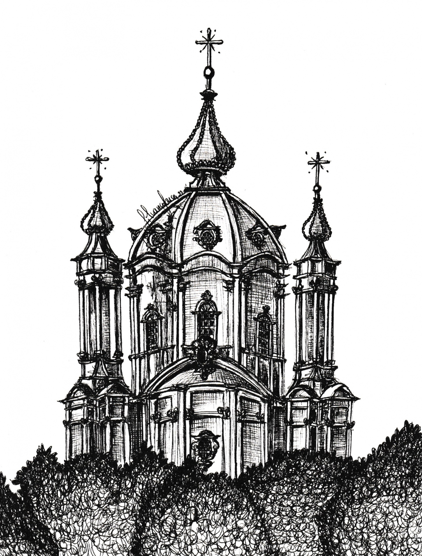 ILLUSTRATING FOR UKRAINE 51 🇺🇦 Desenho arquitetónico em tinta preta de cúpula e torres rodeado por folhagem